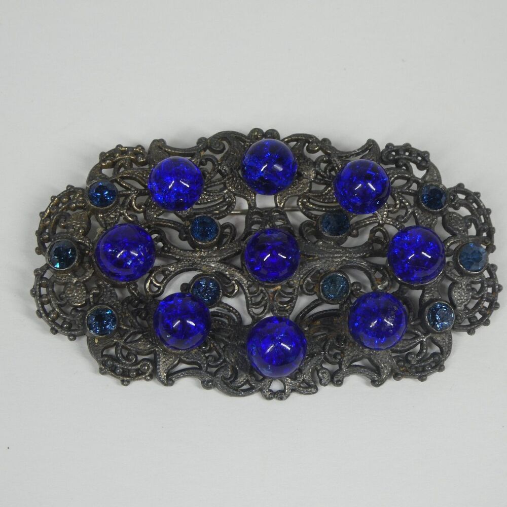 Silver Filigree Blue Rhinestone & Glass Crystal Brooch Antique Pin Czech?